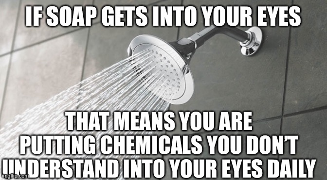 And I find that deeply disturbing | IF SOAP GETS INTO YOUR EYES; THAT MEANS YOU ARE PUTTING CHEMICALS YOU DON’T UNDERSTAND INTO YOUR EYES DAILY | image tagged in shower thoughts | made w/ Imgflip meme maker