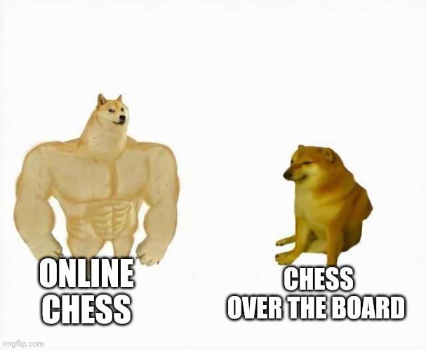 Xhess | ONLINE CHESS; CHESS OVER THE BOARD | image tagged in strong dog vs weak dog | made w/ Imgflip meme maker