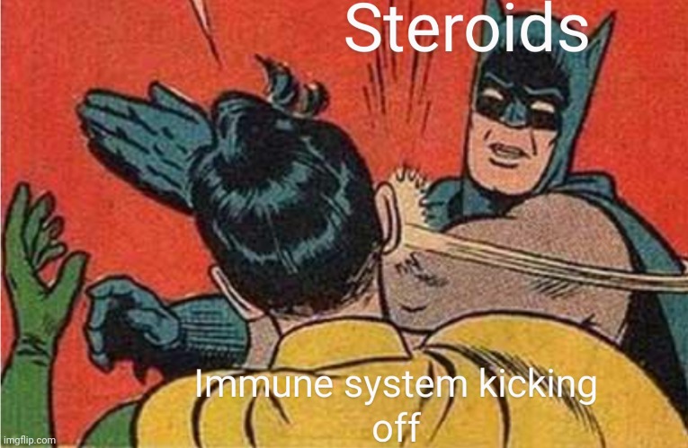 Steroid medication | image tagged in batman slapping robin,batman,steroids,medicine,medication,allergies | made w/ Imgflip meme maker