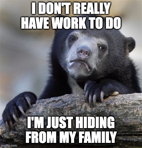 Confession Bear | I DON'T REALLY HAVE WORK TO DO; I'M JUST HIDING FROM MY FAMILY | image tagged in memes,confession bear,AdviceAnimals | made w/ Imgflip meme maker