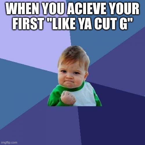 Success Kid | WHEN YOU ACIEVE YOUR FIRST "LIKE YA CUT G" | image tagged in memes,success kid | made w/ Imgflip meme maker