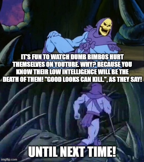 Skeletor On "Girl Fail" Videos | IT'S FUN TO WATCH DUMB BIMBOS HURT THEMSELVES ON YOUTUBE. WHY? BECAUSE YOU KNOW THEIR LOW INTELLIGENCE WILL BE THE DEATH OF THEM! "GOOD LOOKS CAN KILL.", AS THEY SAY! UNTIL NEXT TIME! | image tagged in skeletor disturbing facts,fail,girl,girls,fails,youtube | made w/ Imgflip meme maker