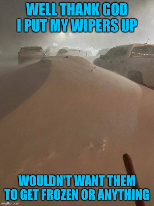 Make sure you make your bed before leaving the Titanic | WELL THANK GOD I PUT MY WIPERS UP; WOULDN'T WANT THEM TO GET FROZEN OR ANYTHING | image tagged in memes,pointless useless | made w/ Imgflip meme maker