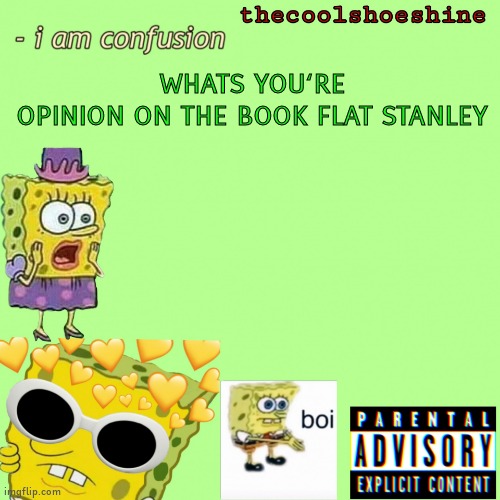 WHATS YOU‘RE OPINION ON THE BOOK FLAT STANLEY | image tagged in thecoolshoeshine announcement temp | made w/ Imgflip meme maker