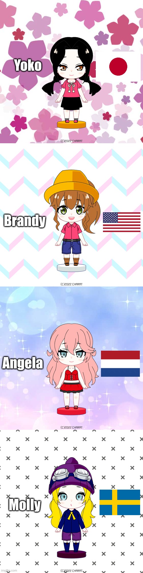 My Around the World Characters! (Part 1) | Yoko; Brandy; Angela; Molly | image tagged in chibi | made w/ Imgflip meme maker