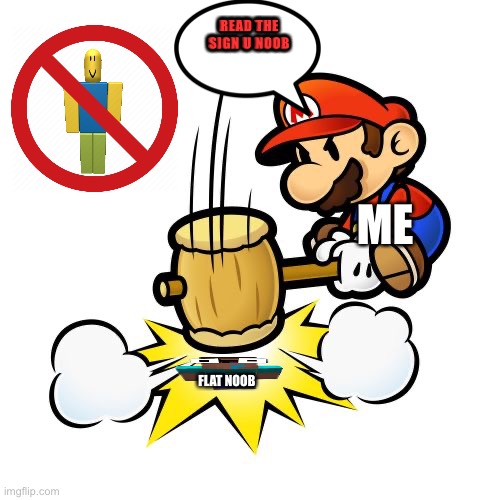 Me and noobs | READ THE SIGN U NOOB; ME; FLAT NOOB | image tagged in memes,mario hammer smash | made w/ Imgflip meme maker