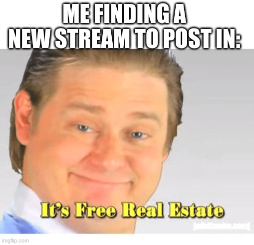 meme streams | ME FINDING A NEW STREAM TO POST IN: | image tagged in it's free real estate | made w/ Imgflip meme maker