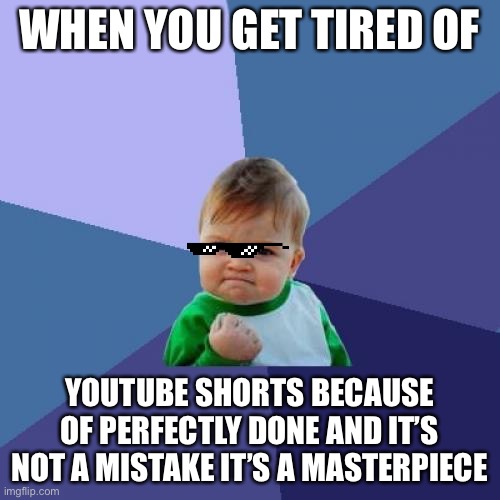 Youtube shorts?? Tiktok?? | WHEN YOU GET TIRED OF; YOUTUBE SHORTS BECAUSE OF PERFECTLY DONE AND IT’S NOT A MISTAKE IT’S A MASTERPIECE | image tagged in memes,success kid | made w/ Imgflip meme maker