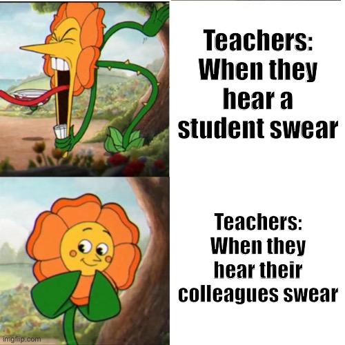 It’s true | Teachers:
When they hear a student swear; Teachers:
When they hear their colleagues swear | image tagged in cuphead flower,language,cussing,swearing,clean,facts | made w/ Imgflip meme maker