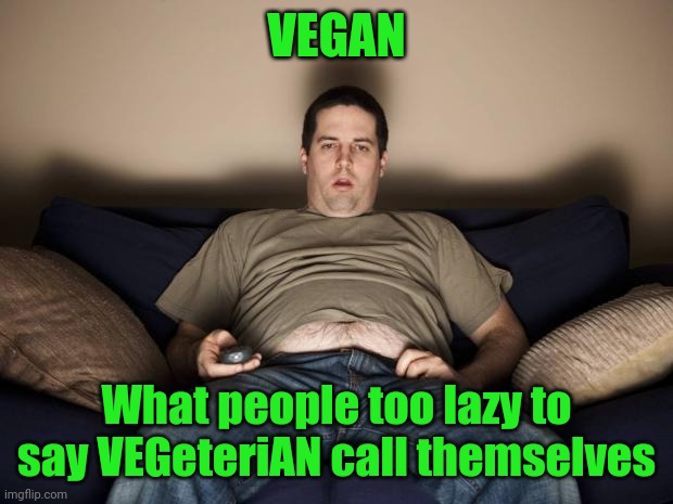 lazy fat guy on the couch | VEGAN What people too lazy to say VEGeteriAN call themselves | image tagged in lazy fat guy on the couch | made w/ Imgflip meme maker