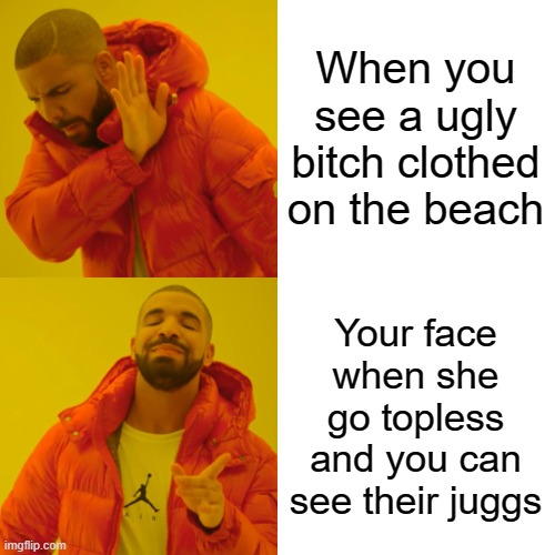 Drake Hotline Bling Meme | When you see a ugly bitch clothed on the beach Your face when she go topless and you can see their juggs | image tagged in memes,drake hotline bling | made w/ Imgflip meme maker