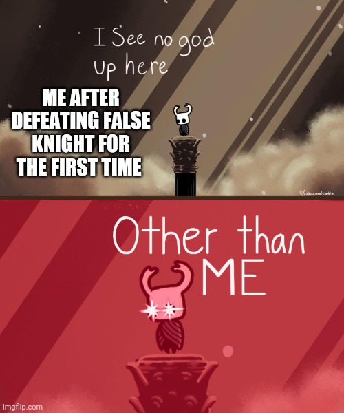 Just wait until the end game my friend.... | ME AFTER DEFEATING FALSE KNIGHT FOR THE FIRST TIME | image tagged in hollow knight,the false knight | made w/ Imgflip meme maker