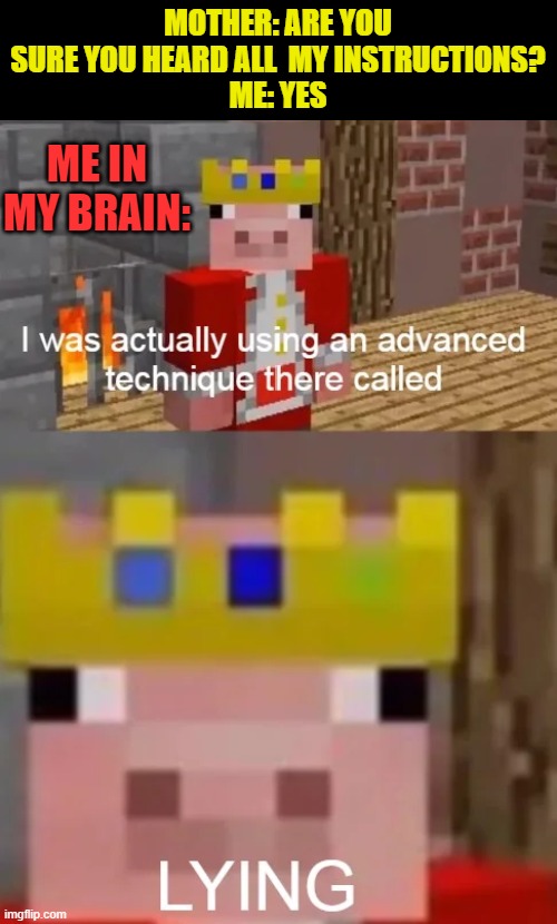 xD | MOTHER: ARE YOU SURE YOU HEARD ALL  MY INSTRUCTIONS?
ME: YES; ME IN MY BRAIN: | image tagged in lying,facts,minecraft,well boys we did it blank is no more | made w/ Imgflip meme maker