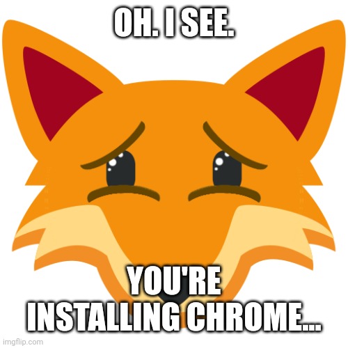 (mod note: good one) | OH. I SEE. YOU'RE INSTALLING CHROME... | image tagged in sad fox | made w/ Imgflip meme maker
