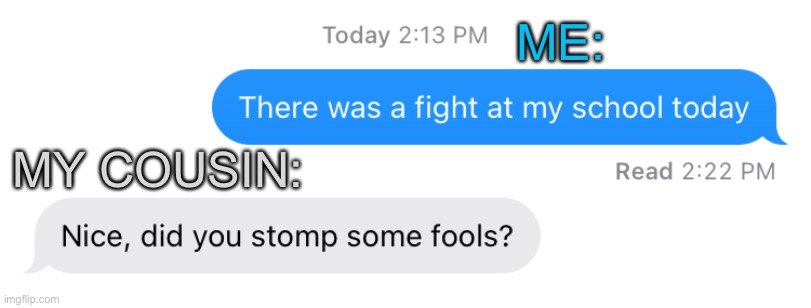 This response from my cousin | ME:; MY COUSIN: | image tagged in cousin,text,text messages,school fight | made w/ Imgflip meme maker