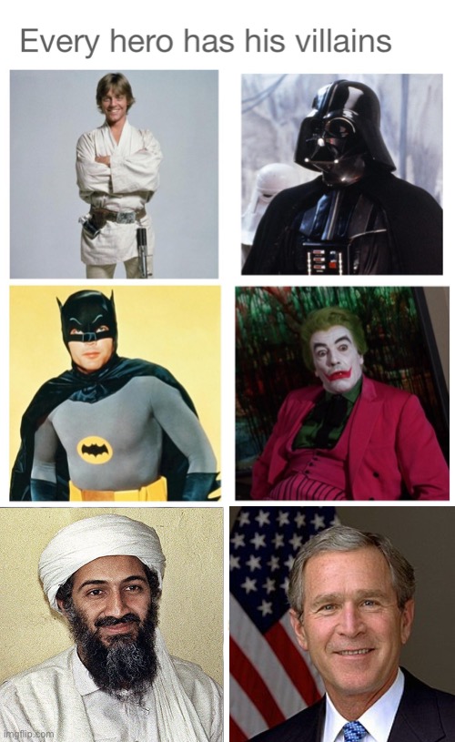 Blast to the past | image tagged in osama bin laden,george bush | made w/ Imgflip meme maker