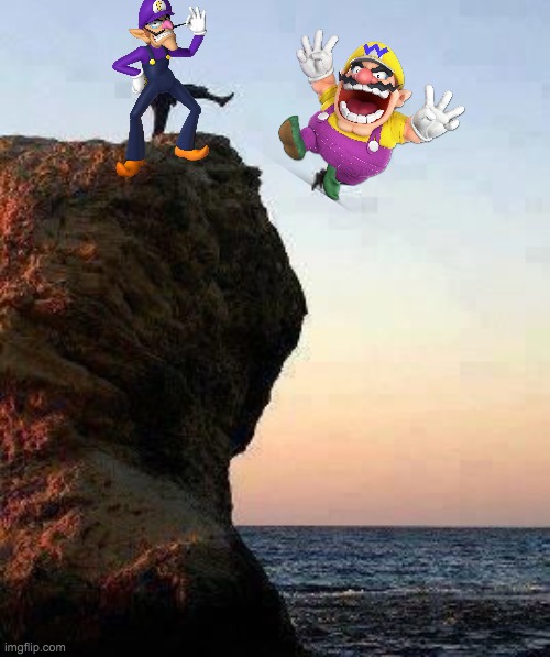 Waluigi kicks wario off a cliff.mp3 | image tagged in kicking off cliff | made w/ Imgflip meme maker