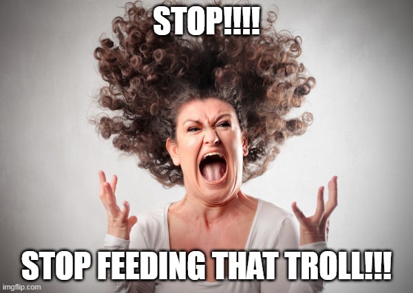 Stop feeding that troll | STOP!!!! STOP FEEDING THAT TROLL!!! | image tagged in angry woman,troll,republican,internet trolls | made w/ Imgflip meme maker