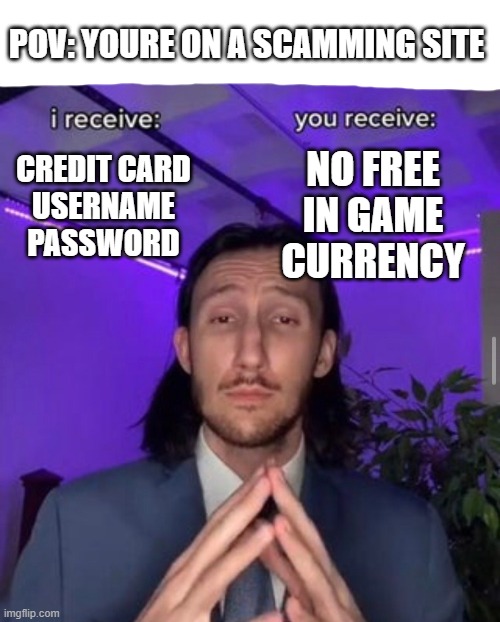 I WAS 10 OK!?!?! | POV: YOURE ON A SCAMMING SITE; NO FREE IN GAME CURRENCY; CREDIT CARD
USERNAME
PASSWORD | image tagged in i receive you receive | made w/ Imgflip meme maker