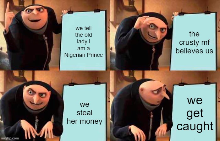 Gru's Plan Meme | we tell the old lady i am a Nigerian Prince; the crusty mf believes us; we steal her money; we get caught | image tagged in memes,gru's plan,funny,relatable,wtf,so true memes | made w/ Imgflip meme maker