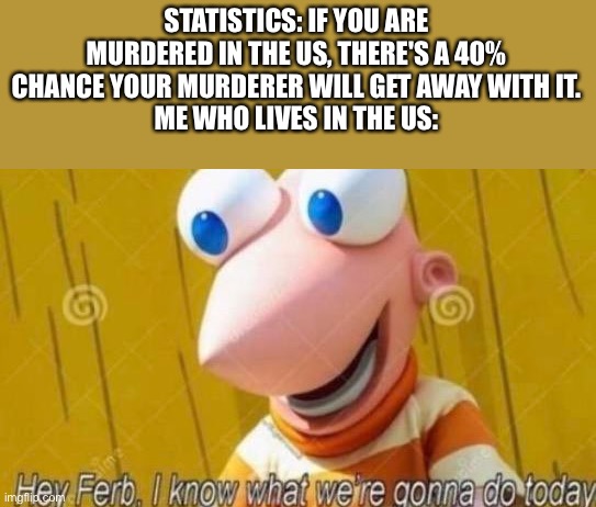I just hope I get that 40% chance!!! | STATISTICS: IF YOU ARE MURDERED IN THE US, THERE'S A 40% CHANCE YOUR MURDERER WILL GET AWAY WITH IT.
ME WHO LIVES IN THE US: | image tagged in hey ferb,murder,murica,'murica,dark humor | made w/ Imgflip meme maker