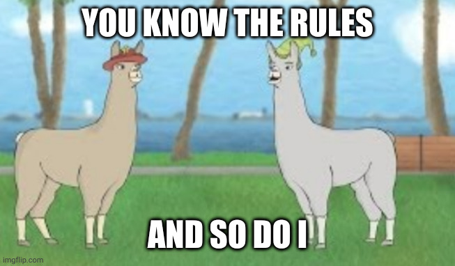 YOU KNOW THE RULES; AND SO DO I | image tagged in llamas with hats | made w/ Imgflip meme maker