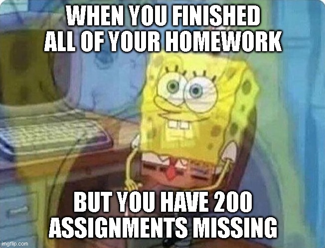 spongebob screaming inside | WHEN YOU FINISHED ALL OF YOUR HOMEWORK; BUT YOU HAVE 200 ASSIGNMENTS MISSING | image tagged in spongebob screaming inside | made w/ Imgflip meme maker