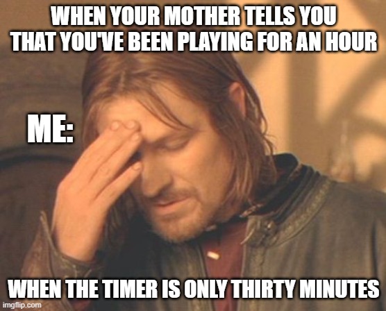 Frustrated Boromir Meme | WHEN YOUR MOTHER TELLS YOU THAT YOU'VE BEEN PLAYING FOR AN HOUR; ME:; WHEN THE TIMER IS ONLY THIRTY MINUTES | image tagged in memes,frustrated boromir | made w/ Imgflip meme maker