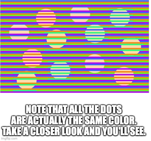 Link to where I got the image in the comments | NOTE THAT ALL THE DOTS ARE ACTUALLY THE SAME COLOR. TAKE A CLOSER LOOK AND YOU'LL SEE. | image tagged in blank white template,illusion,dots | made w/ Imgflip meme maker