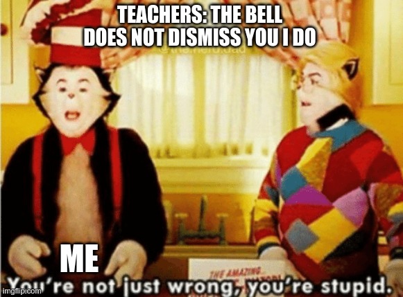 your not just wrong you stupid | TEACHERS: THE BELL DOES NOT DISMISS YOU I DO; ME | image tagged in your not just wrong you stupid | made w/ Imgflip meme maker