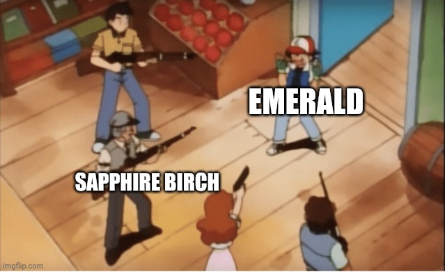 Read the ORAS arc if you don't get it | EMERALD; SAPPHIRE BIRCH | image tagged in ash ketchum gets guns pointed at him | made w/ Imgflip meme maker