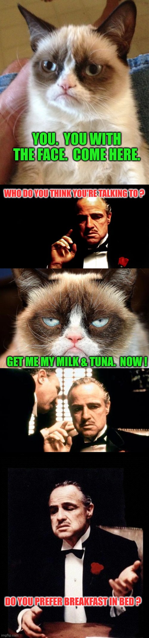 WHEW ! That was a close one !!!! | YOU.  YOU WITH THE FACE.  COME HERE. WHO DO YOU THINK YOU'RE TALKING TO ? GET ME MY MILK & TUNA.  NOW ! DO YOU PREFER BREAKFAST IN BED ? | image tagged in memes,grumpy cat,godfather business,grumpy cat not amused,marlon brando oscar rejection,godfather | made w/ Imgflip meme maker