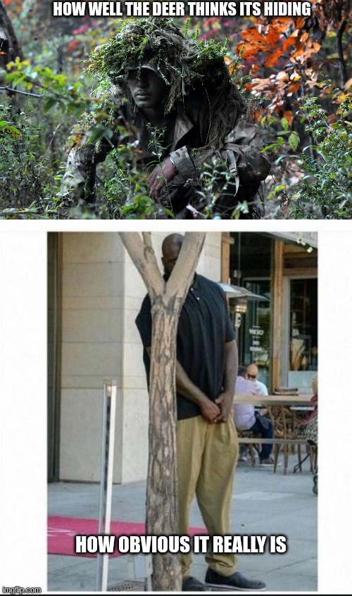 Those deer really need to work on their hiding skills... | HOW WELL THE DEER THINKS ITS HIDING; HOW OBVIOUS IT REALLY IS | image tagged in camouflage,shaq behind tree,it's that obvious,meems,bruh,memes | made w/ Imgflip meme maker