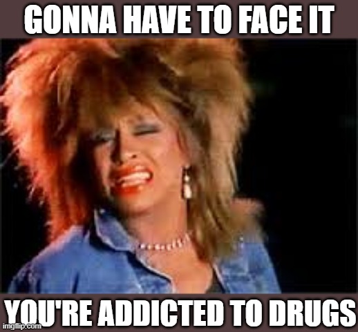The lights are on, but you're not home | GONNA HAVE TO FACE IT; YOU'RE ADDICTED TO DRUGS | image tagged in tina turner,addicted,addiction,drug addiction | made w/ Imgflip meme maker
