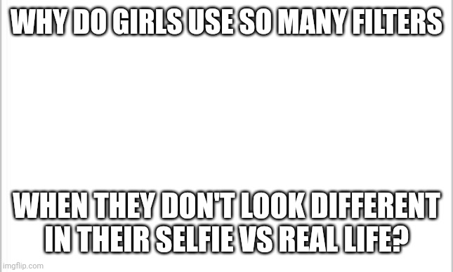 white background | WHY DO GIRLS USE SO MANY FILTERS; WHEN THEY DON'T LOOK DIFFERENT IN THEIR SELFIE VS REAL LIFE? | image tagged in white background | made w/ Imgflip meme maker