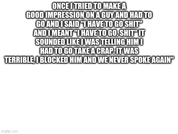 Blank White Template | ONCE I TRIED TO MAKE A GOOD IMPRESSION ON A GUY AND HAD TO GO AND I SAID "I HAVE TO GO SHIT" AND I MEANT "I HAVE TO GO. SHIT" IT SOUNDED LIKE I WAS TELLING HIM I HAD TO GO TAKE A CRAP. IT WAS TERRIBLE, I BLOCKED HIM AND WE NEVER SPOKE AGAIN" | image tagged in blank white template | made w/ Imgflip meme maker