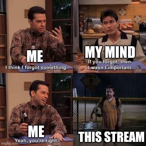Sorry for letting you guys wait ages :( | MY MIND; ME; THIS STREAM; ME | image tagged in i think i forgot something | made w/ Imgflip meme maker
