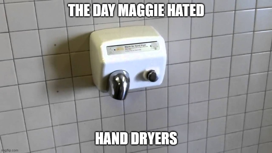 Maggie HATING hand dryers | THE DAY MAGGIE HATED; HAND DRYERS | image tagged in hand dryer,funny | made w/ Imgflip meme maker