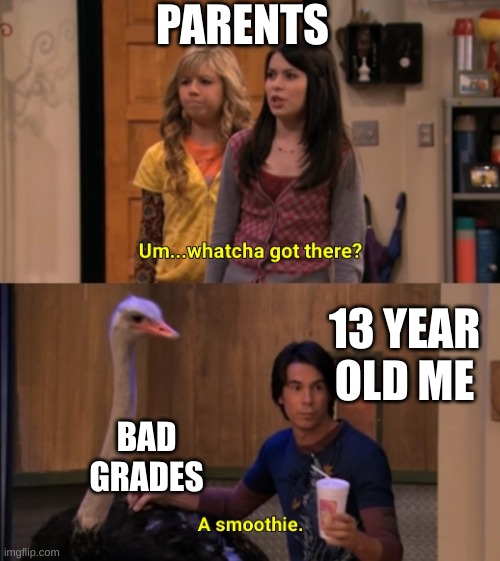 meme | PARENTS; 13 YEAR OLD ME; BAD GRADES | image tagged in whatcha got there,smooth | made w/ Imgflip meme maker