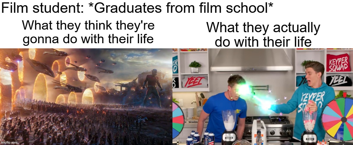 Editors for YouTubers probably had dreams of being film makers | Film student: *Graduates from film school*; What they think they're gonna do with their life; What they actually do with their life | image tagged in youtubers,film | made w/ Imgflip meme maker