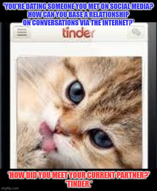 This #lolcat wonders if you can start a relationship via internet | 'YOU'RE DATING SOMEONE YOU MET ON SOCIAL MEDIA?
HOW CAN YOU BASE A RELATIONSHIP
ON CONVERSATIONS VIA THE INTERNET?'; 'HOW DID YOU MEET YOUR CURRENT PARTNER?'
'TINDER.' | image tagged in lolcat,tinder,relationships,online dating | made w/ Imgflip meme maker