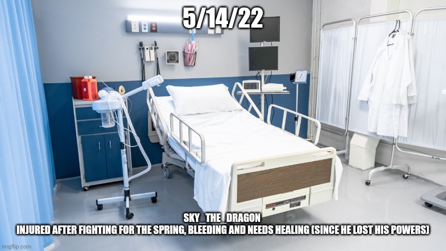 5/14/22; SKY_THE_DRAGON 
INJURED AFTER FIGHTING FOR THE SPRING, BLEEDING AND NEEDS HEALING (SINCE HE LOST HIS POWERS) | made w/ Imgflip meme maker