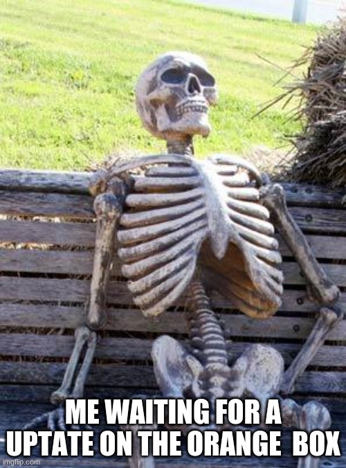 Waiting Skeleton | ME WAITING FOR A UPTATE ON THE ORANGE  BOX | image tagged in memes,waiting skeleton | made w/ Imgflip meme maker