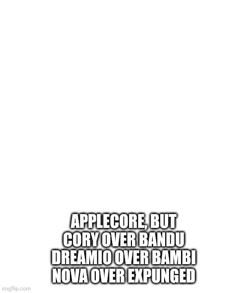 APPLECORE, BUT
CORY OVER BANDU
DREAMIO OVER BAMBI
NOVA OVER EXPUNGED | image tagged in cursed title | made w/ Imgflip meme maker