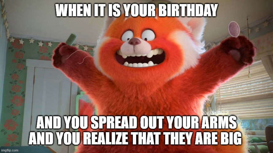 turning red meme | WHEN IT IS YOUR BIRTHDAY; AND YOU SPREAD OUT YOUR ARMS AND YOU REALIZE THAT THEY ARE BIG | image tagged in turning red,happy birthday,disney,pixar,funny memes,turning red meme | made w/ Imgflip meme maker