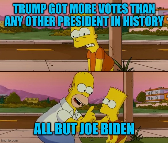 Trump has never won the popular vote in any election | TRUMP GOT MORE VOTES THAN ANY OTHER PRESIDENT IN HISTORY; ALL BUT JOE BIDEN | image tagged in simpsons so far | made w/ Imgflip meme maker