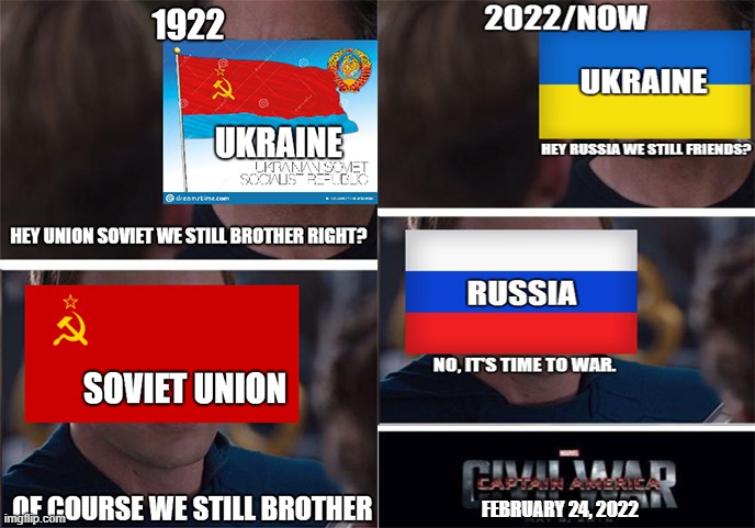 thinking, thinking, still thinking | FEBRUARY 24, 2022 | image tagged in memes,marvel civil war,ukraine,and,russia | made w/ Imgflip meme maker