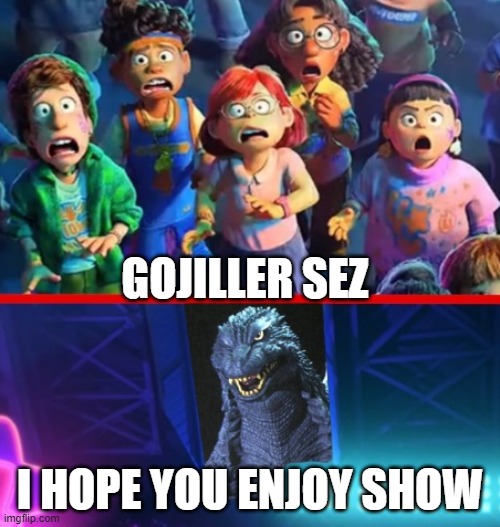 Credit to The-Ruptured-Duck on Deviant Art (text is by me) | GOJILLER SEZ; I HOPE YOU ENJOY SHOW | image tagged in godzilla,turning red,gojiller | made w/ Imgflip meme maker
