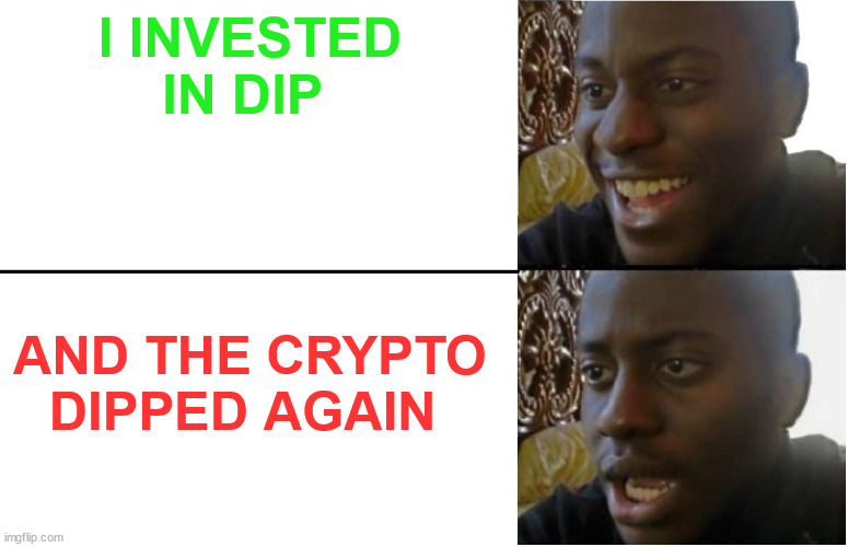 the crypto dip | I INVESTED IN DIP; AND THE CRYPTO DIPPED AGAIN | image tagged in cryptocurrency,dip,hive,leo,btc,life | made w/ Imgflip meme maker