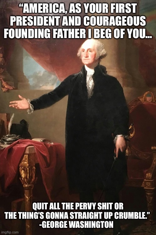 Dear America | “AMERICA, AS YOUR FIRST PRESIDENT AND COURAGEOUS FOUNDING FATHER I BEG OF YOU…; QUIT ALL THE PERVY SHIT OR THE THING’S GONNA STRAIGHT UP CRUMBLE.” 
-GEORGE WASHINGTON | image tagged in george washington,america,but thats none of my business | made w/ Imgflip meme maker